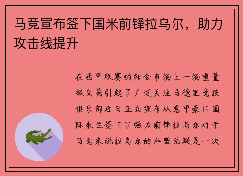 马竞宣布签下国米前锋拉乌尔，助力攻击线提升